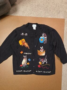 Quacker Factory Black Cat Cardigan with Colorful Embroidered Cats